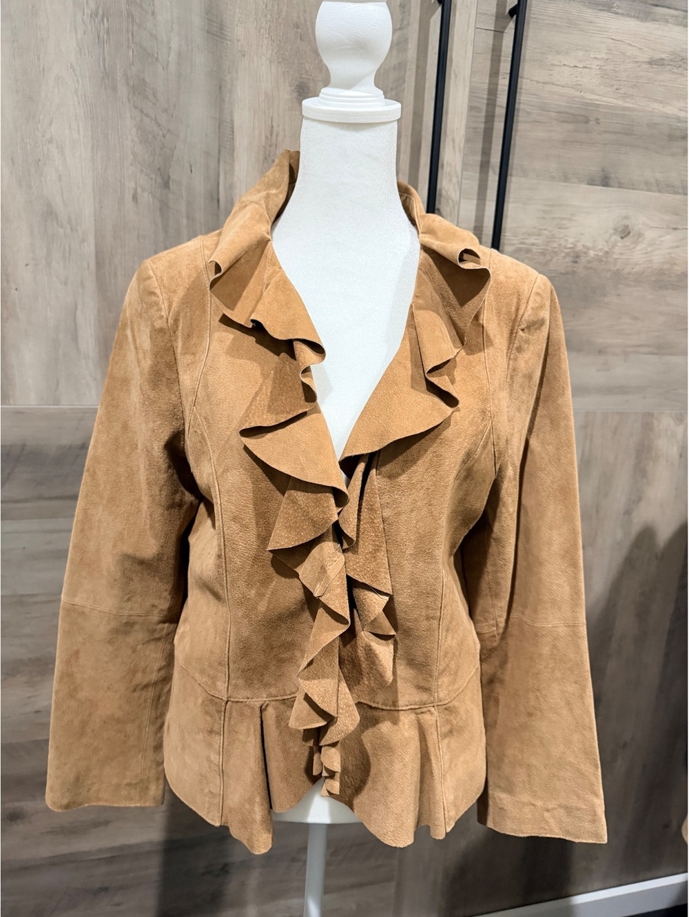IMAN Women's Medium Tan Suede Ruffle Front Jacket